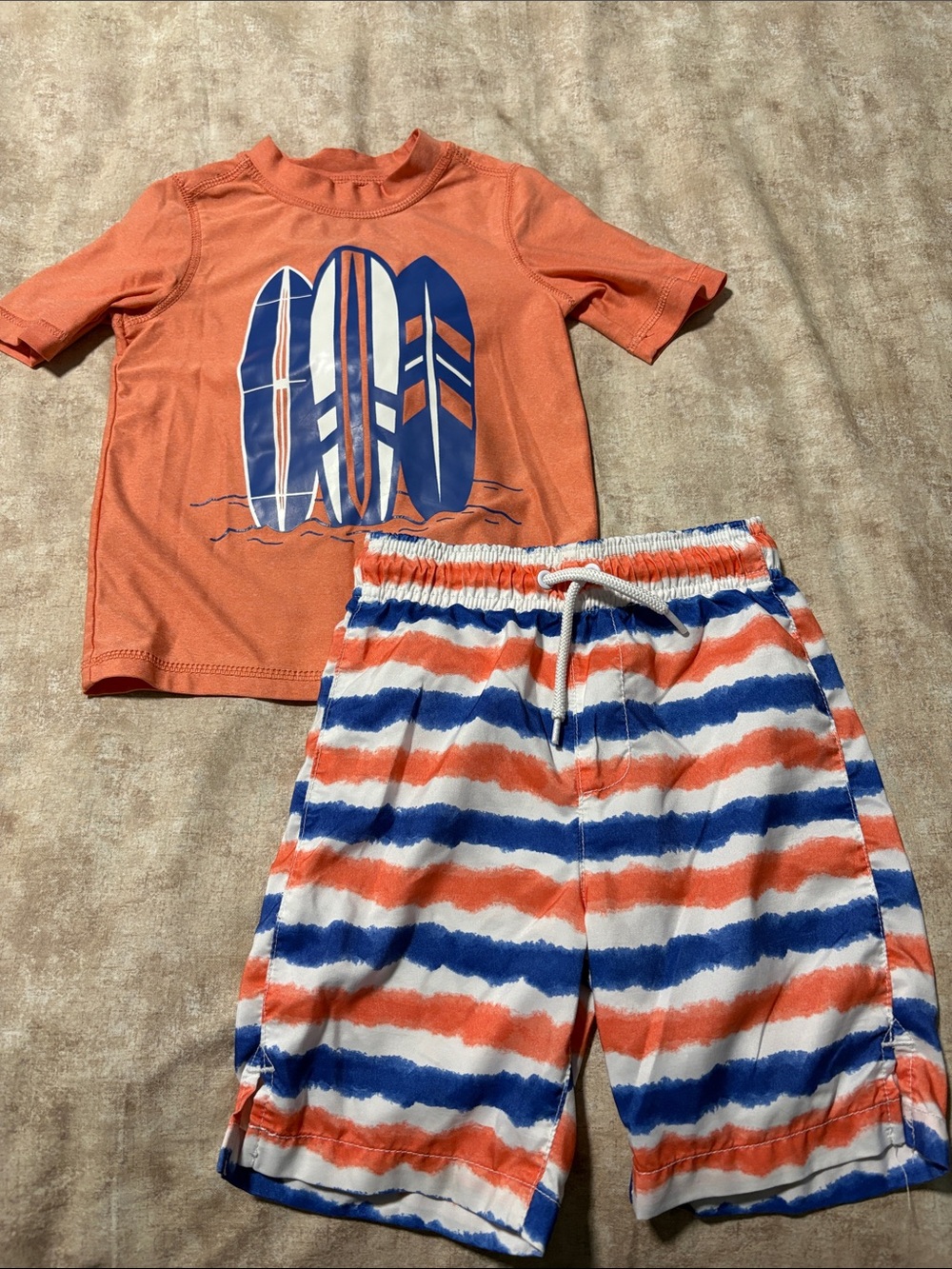 Kids Orange & Blue Surf Stripe Swim Trunks Set